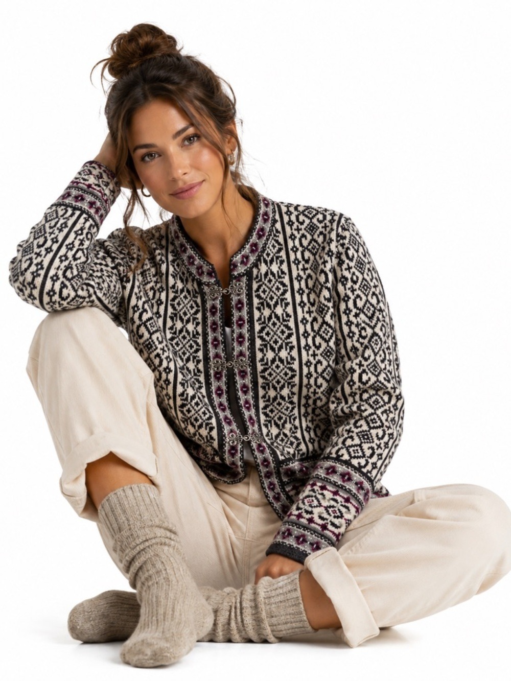 SKYR Wool Fair Isle Sweater MP Black White Metal Clasps Nordiccore Heritagecore